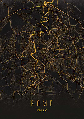 Rome City Streets Artwork in Black and Gold - Italy’s Historic Map Poster