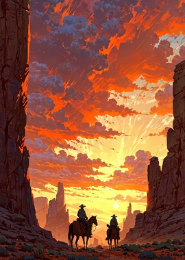 Cowboys riding horses at sunset