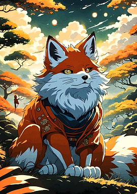 Fox in Kimono in Autumn Landscape