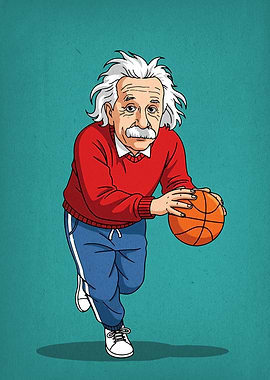 Einstein playing basketball cartoon illustration