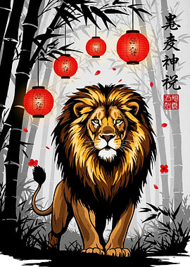 Lion in Bamboo Forest with Lanterns