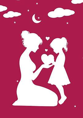 Mother and Daughter Silhouette with Heart