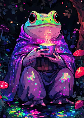 Frog Wizard Sipping Tea in Forest