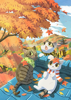 Autumn Cats on Roof Illustration