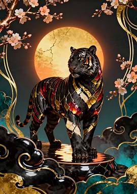 Ornate Tiger with Moon and Blossoms