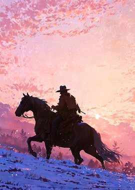 Cowboy on Horseback at Sunset