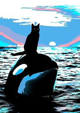 Cat on Orca in Ocean Pixel Art