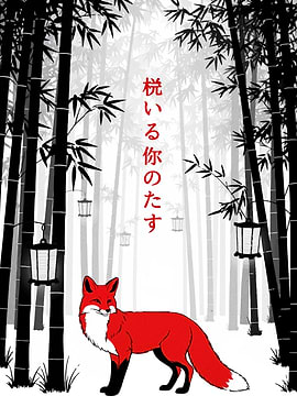 Red Fox in Bamboo Forest Illustration