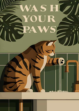Wash Your Paws Cat Bathroom Art