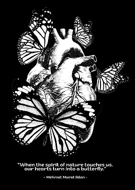 Heart and Butterflies Black and White