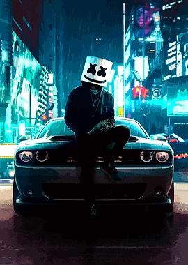 Marshmello on Car in Cyberpunk City