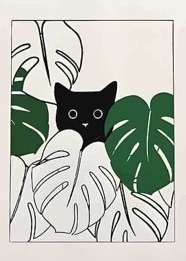 Black Cat Hiding in Monstera Leaves
