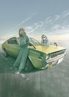 Anime girls with a vintage car