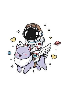 Astronaut riding winged cat in space