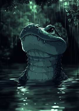 Cartoon Alligator in the Rain