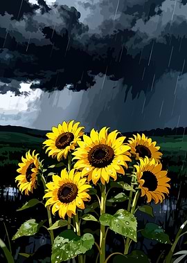 Sunflowers in the Rain