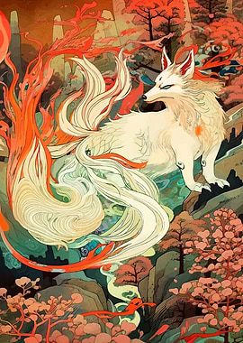 Nine-tailed Fox in a Mountain Landscape