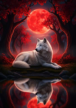 White Wolf Under Red Moon Reflection