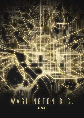 Washington D.C. Capital District Map Art in Luminous Gold - USA Landmark City Print