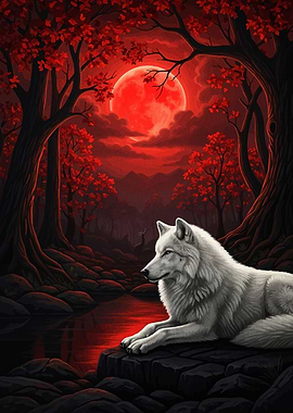 White Wolf Under Red Moon
