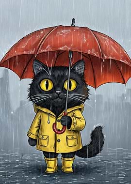 Black Cat in Raincoat with Umbrella
