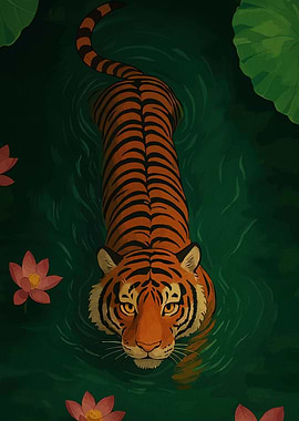 Tiger swimming in water with lotus
