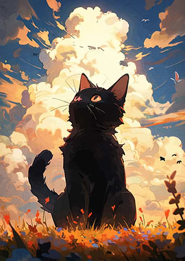 Black Cat Gazing at the Sky