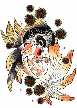 Two Goldfish with Floral Accents Illustration