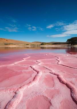 Pink Lake Landscape with Blue Sky