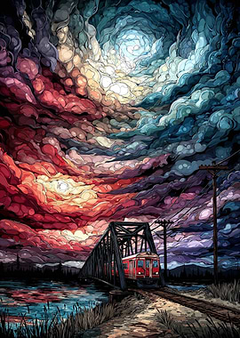 Train on Bridge Under Swirling Sky