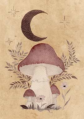 Mushroom and Moon Watercolor Illustration