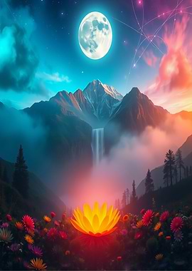 Mystical Mountain Landscape with Glowing Flower