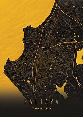Pattaya Streets Map Art - Thailand’s Coastal City in Gold Lines