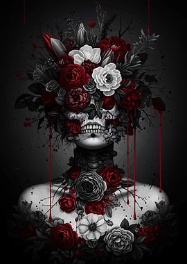 Floral Skull Art with Red Accents