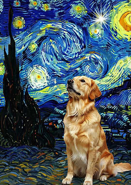 Golden Retriever in Starry Night Style
