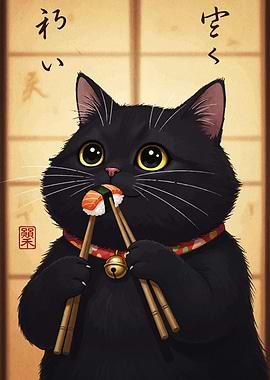 Black Cat Eating Sushi with Chopsticks