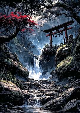 Japanese Torii Gate Waterfall Landscape