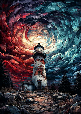 Lighthouse under swirling sky