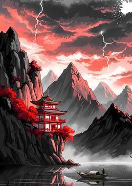 Japanese Pagoda with Lightning Storm