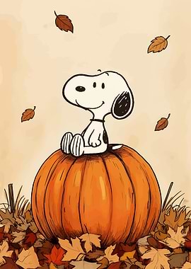 Snoopy on Pumpkin with Autumn Leaves