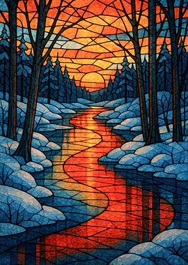 Stained Glass Winter Landscape