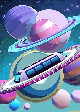 Futuristic Sky Train Looping Through Outer Space Planets and Neon Rings Metal Wall Print Art