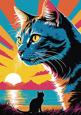 Colorful Cat Portrait at Sunset
