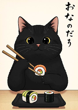 Black Cat Eating Sushi Illustration