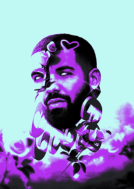 Drake Portrait with Floral and Text Overlay
