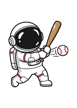 Astronaut playing baseball cartoon illustration