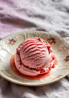 Strawberry Ice Cream on Floral Plate