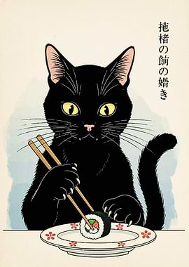 Black Cat Eating Sushi Art