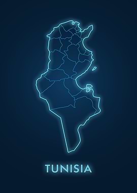 Neon Blue Map of Tunisia