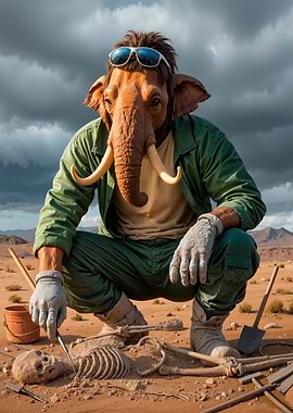 Mammoth Archaeologist in Desert Scene